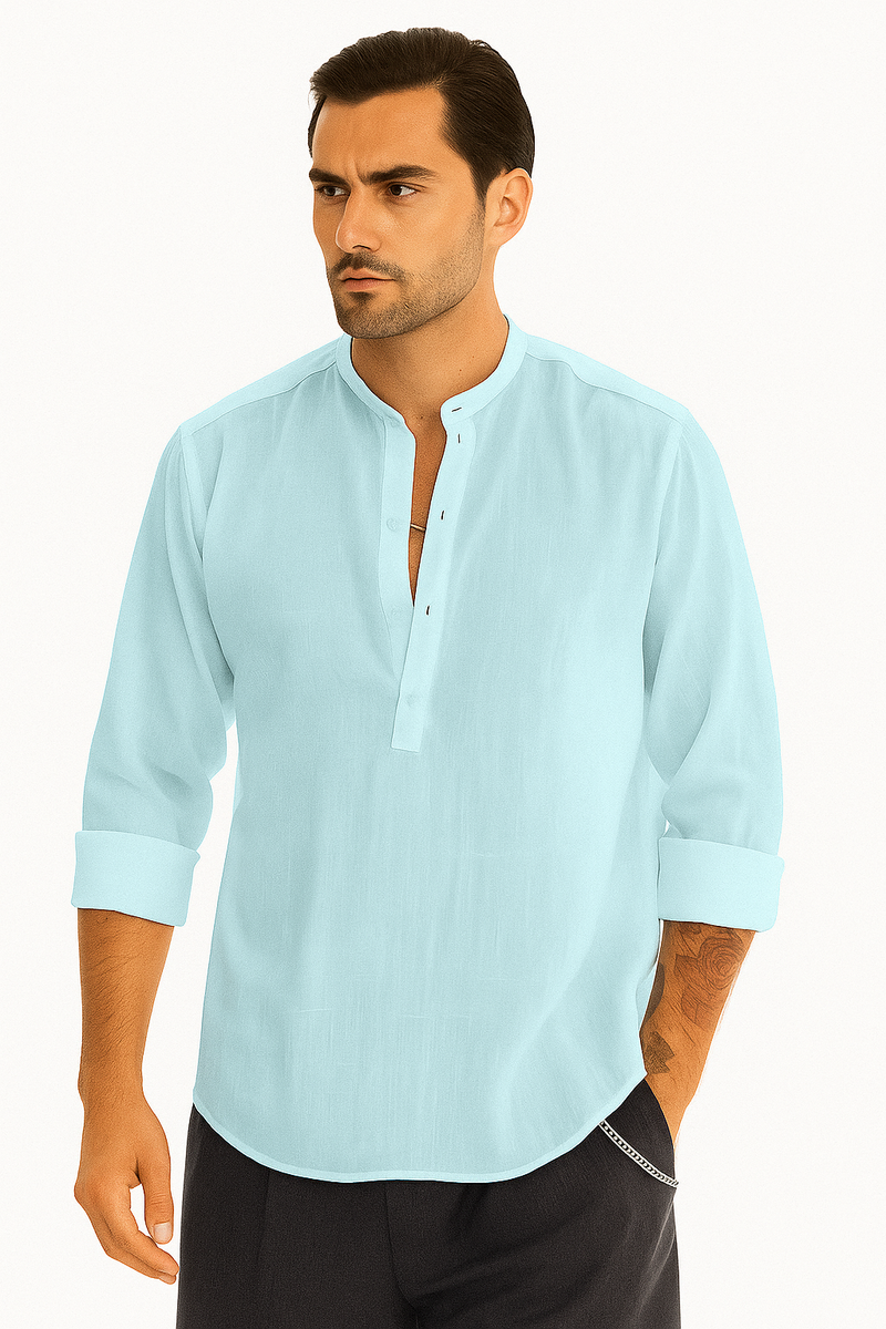 Herren Leinenhemd mit Langarm und Bootskragen im Vintage-Look – Hugaro