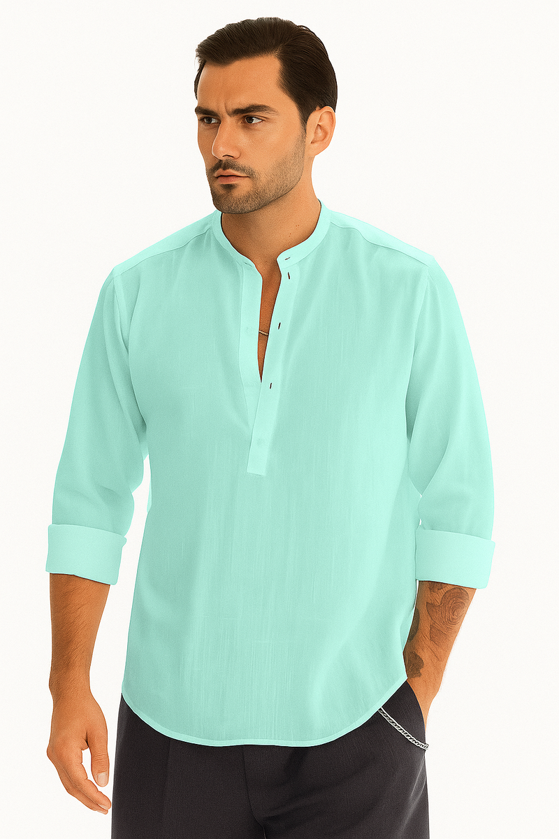 Herren Leinenhemd mit Langarm und Bootskragen im Vintage-Look – Hugaro