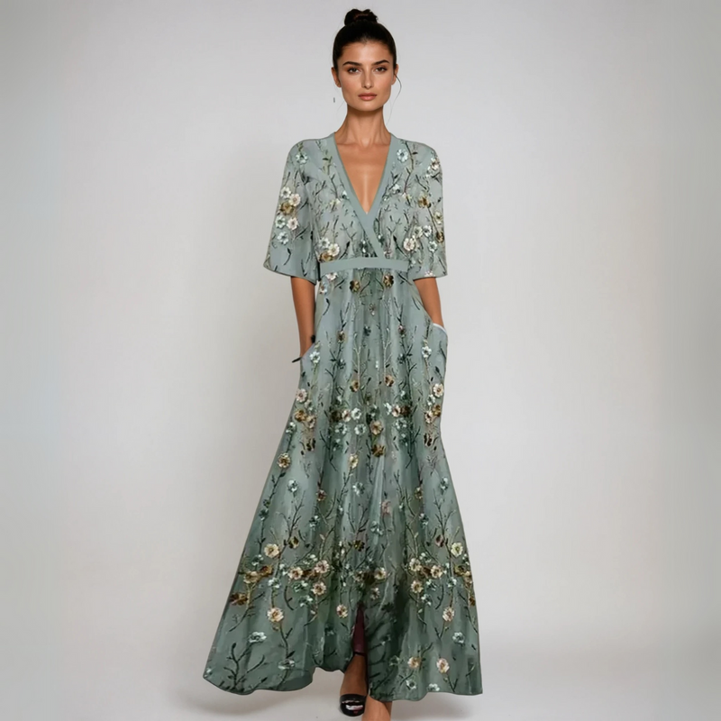 Blumen Maxikleid Damen elegant fließend figurbetont – Arlina