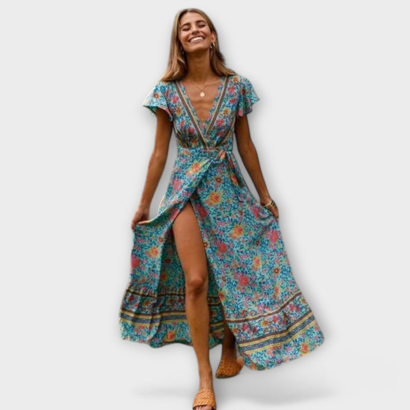 Boho Maxikleid mit Blumenmuster und V-Ausschnitt – Selina