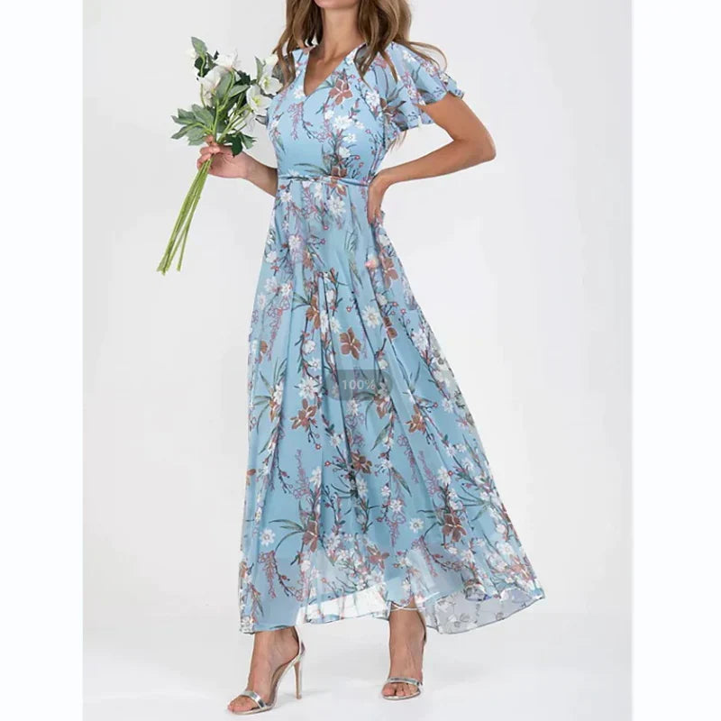 Langes Sommerkleid mit Blumenmuster und kurzen Ärmeln – Marliese