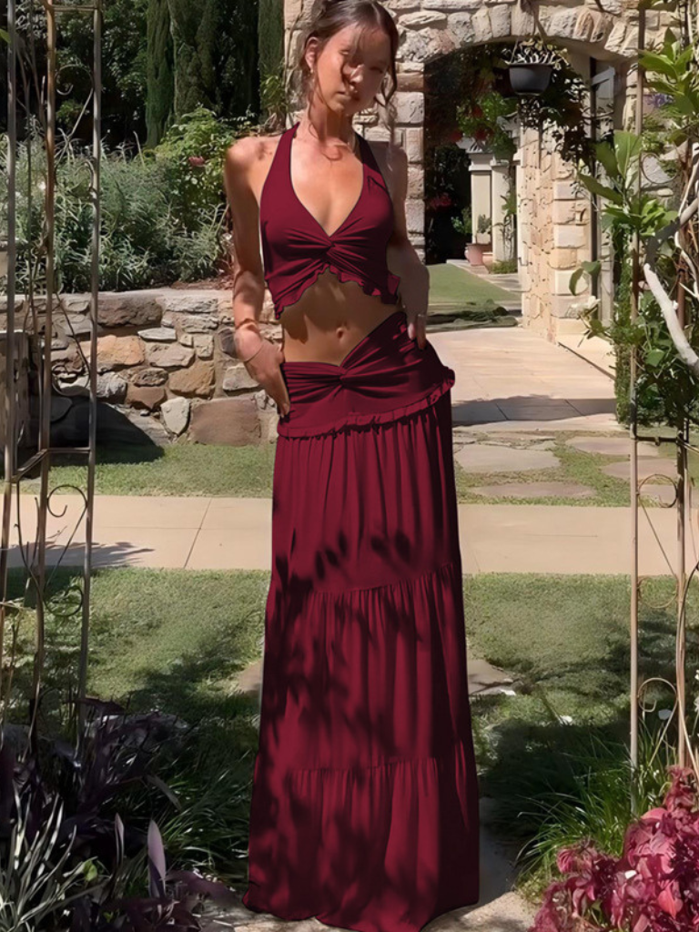 Boho Co-Ord Set mit Rüschen und Cut-Out – Yara