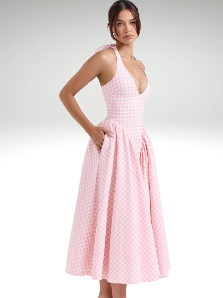 Sommerliches Midikleid mit Karomuster und Halterneck – Lea