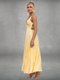 Plissee Midikleid Sommer Gelb V-Ausschnitt – Elina