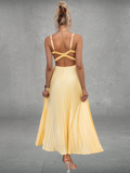 Plissee Midikleid Sommer Gelb V-Ausschnitt – Elina