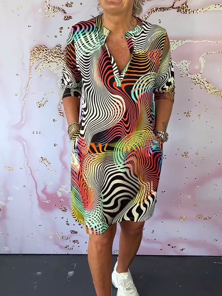 Buntes Kleid Alltag Knielang V-Ausschnitt – Jana