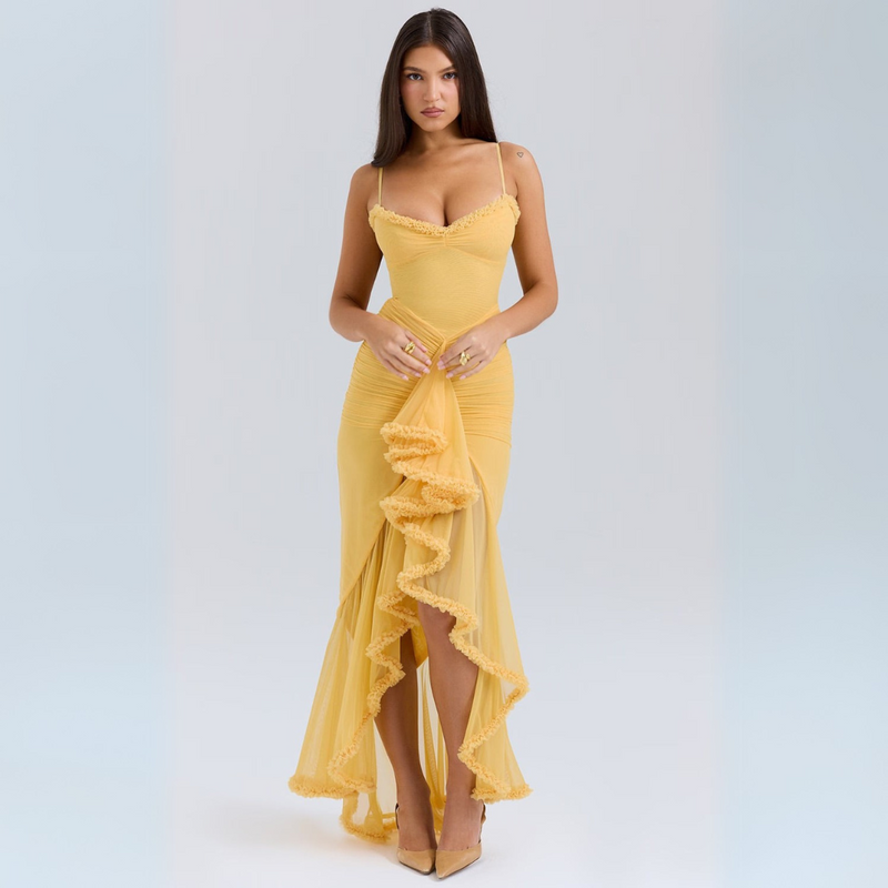 Gelbes Midi-Kleid mit Raffungen für Damen – Elenya