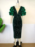 Elegantes Samtkleid mit Pailletten & Puffärmeln – Emilia
