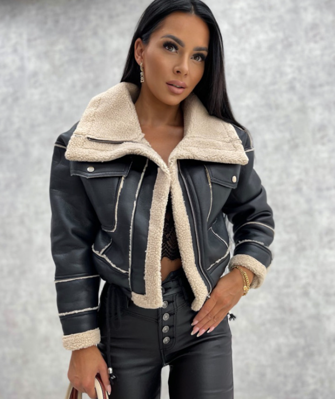 Warmer Damen Wintermantel mit Leder-Look und Taschen – Sophie