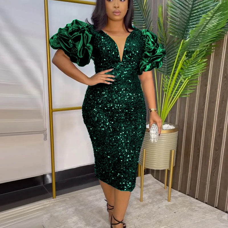 Elegantes Samtkleid mit Pailletten & Puffärmeln – Emilia