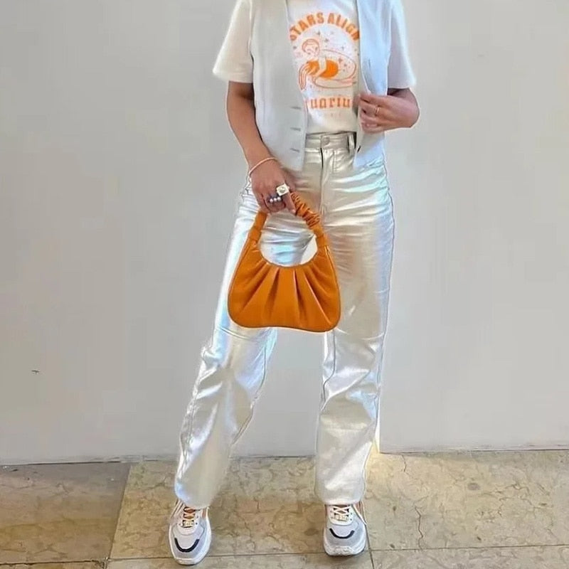 Trendige Damen-Metallic-Hose mit hoher Taille – Alissa