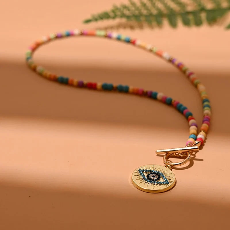 Bunte Steinperlen Halskette mit Evil Eye Anhänger – Leonie