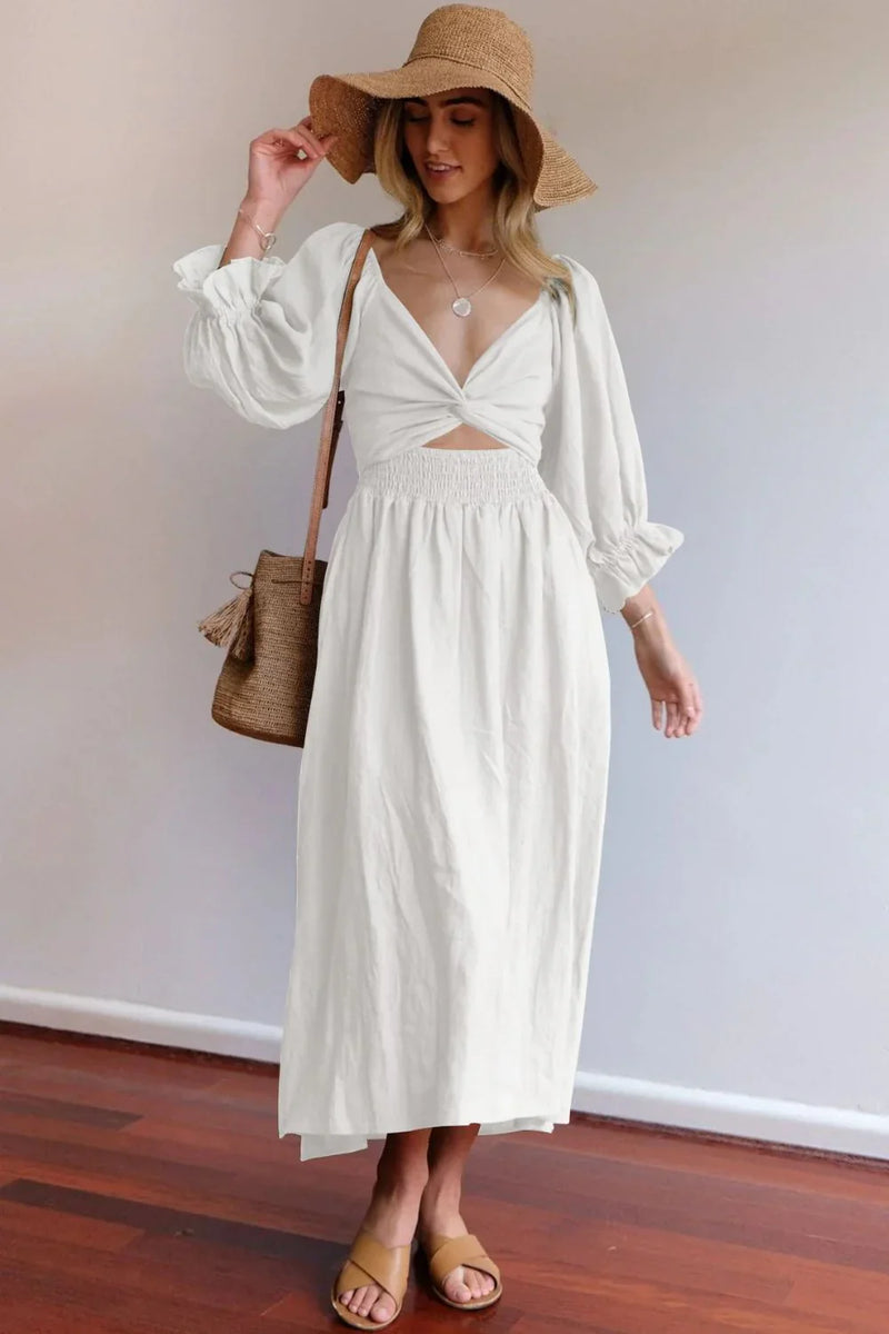 Elegantes Kleid Rüschenärmel Seitenausschnitt Glamour – Eloura