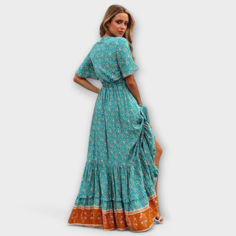 Boho Maxi Sommerkleid Damen mit Schlitz und Blumen – Sirva