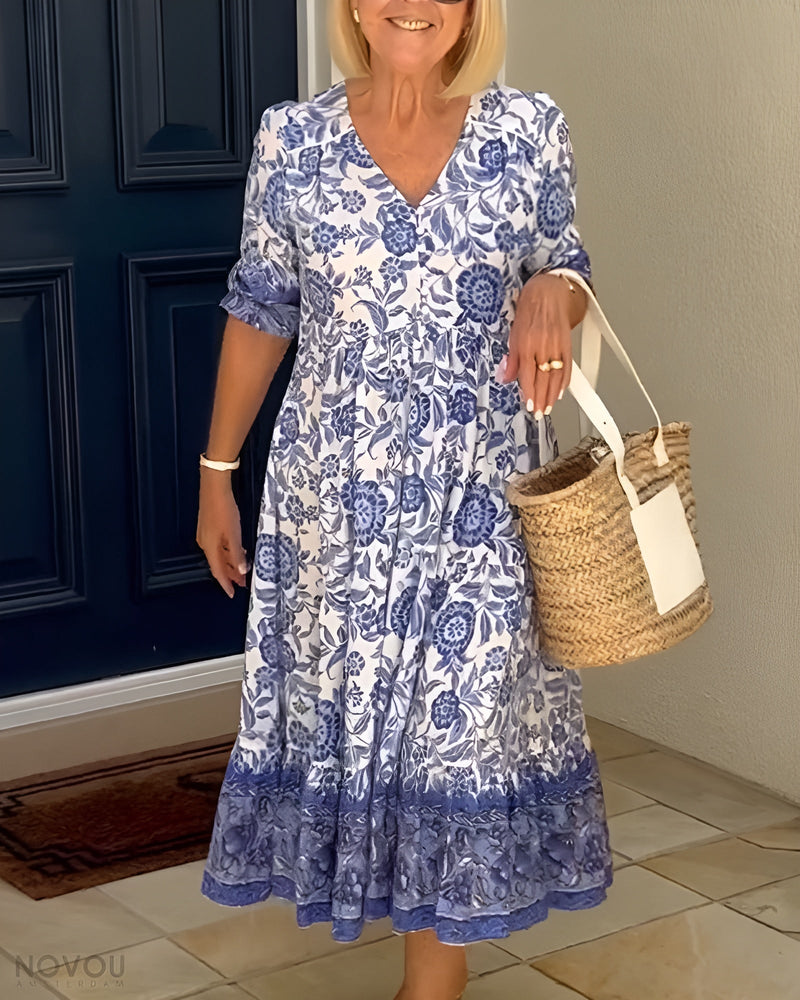 Blumen Maxikleid Damen Frühling V-Ausschnitt elegant – Sophie