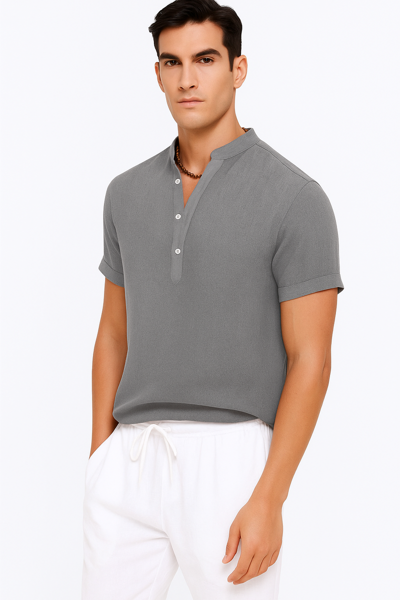 Sommer-Herren-Leinenhemd mit Henley-Kragen – Rovenzo