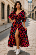 Boho Maxikleid mit V-Ausschnitt & Laternenärmeln – Alina