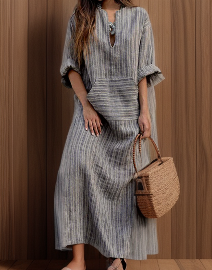 Maxikleid Damen Streifen V-Ausschnitt luftig Vintage – Selvara