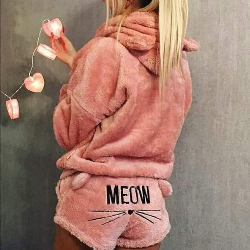 Flauschiges Katzen-Pyjama-Set mit Kapuze für Damen – Meow