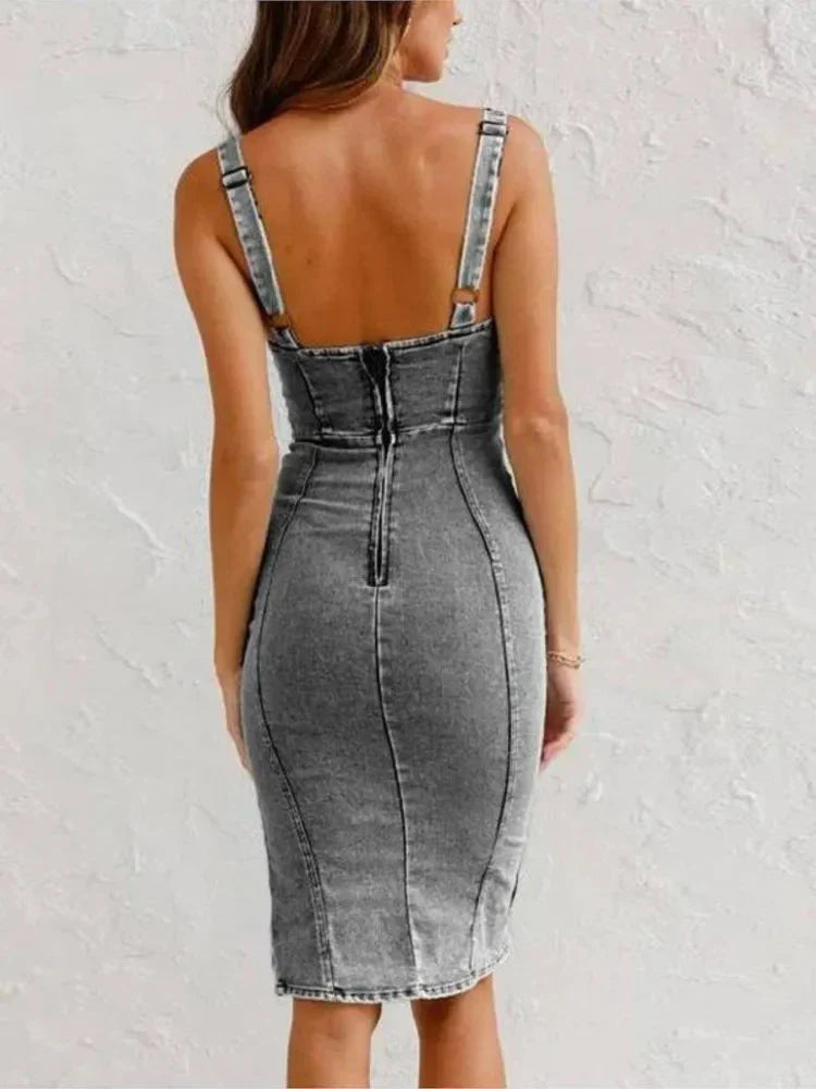 Figurbetontes Denim-Midi-Kleid mit Stil-Details – Janna
