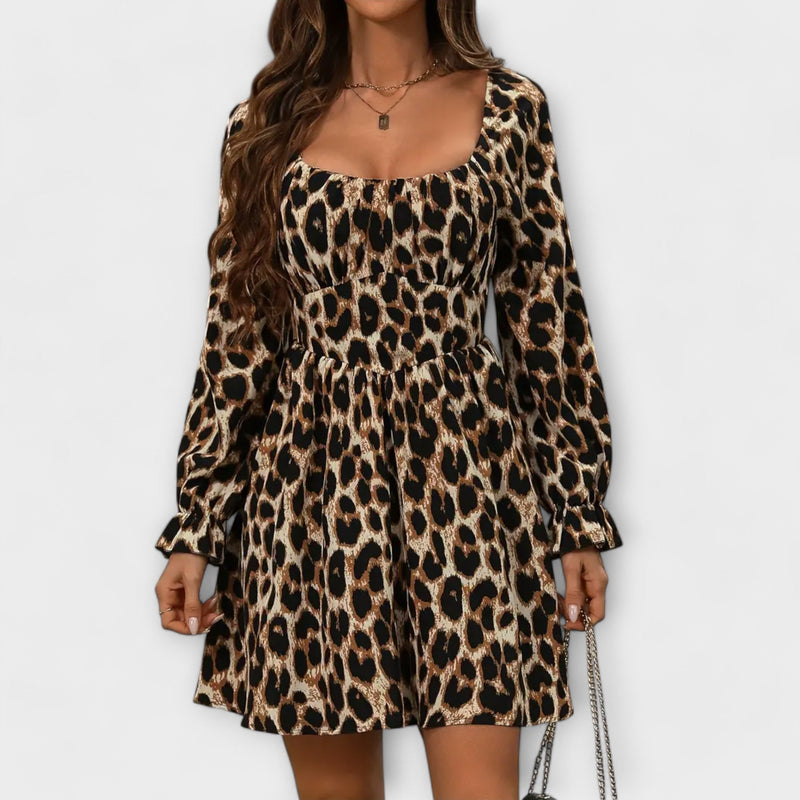Leopardenkleid Damen Elegant Quadratausschnitt Herbst Winter – Selviana