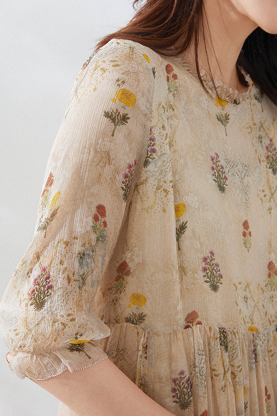 Geblümtes Seidenkleid mit hoher Taille – Florina