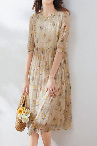 Geblümtes Seidenkleid mit hoher Taille – Florina
