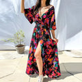 Boho Maxikleid mit V-Ausschnitt & Laternenärmeln – Alina