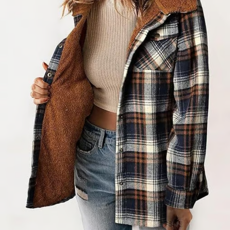 Damen Kapuzenjacke mit Karomuster und Fleecefutter – Rovena