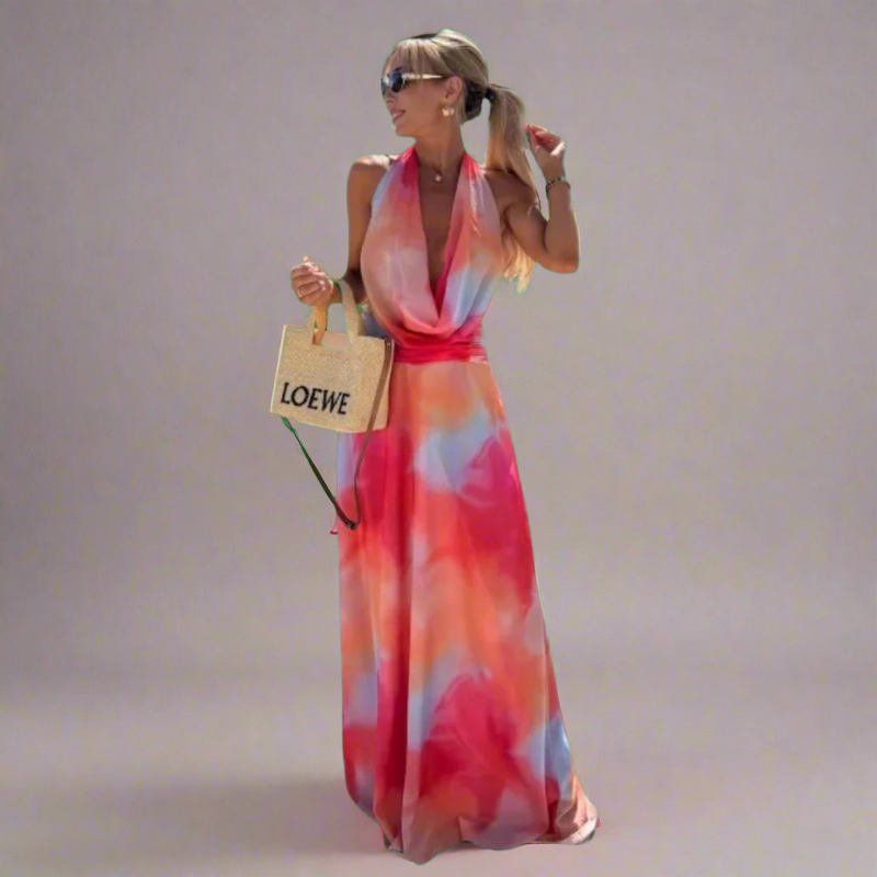 Sommerkleid Damen Tie-Dye Rückenfrei V-Ausschnitt Luftig – Solenya