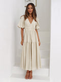 Rüschen Midikleid Elegant V-Ausschnitt Sommer – Maviera