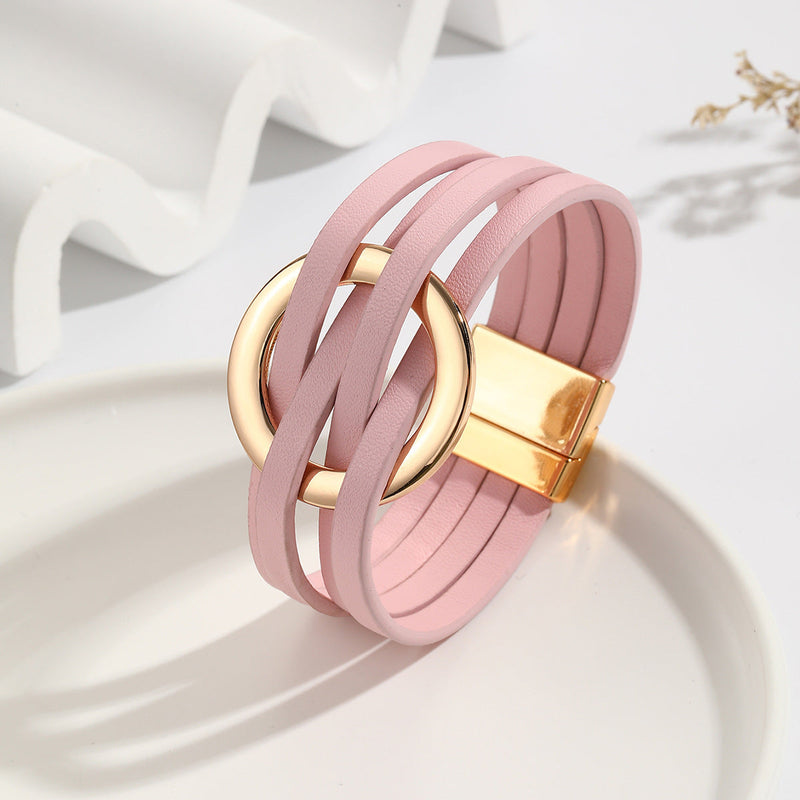 Breites Lederarmband mit Doppelkreis-Anhänger – Julia