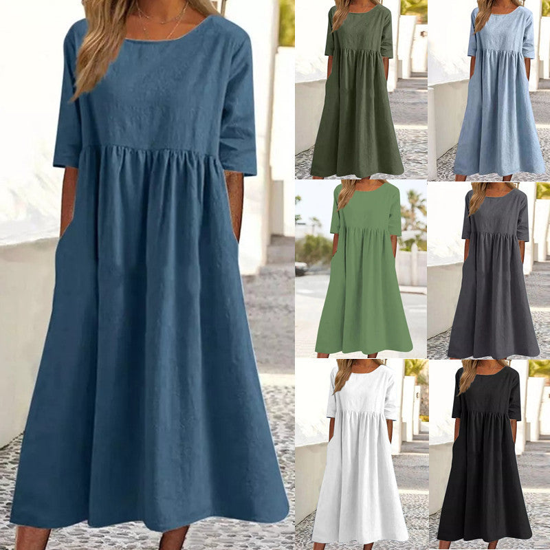 Midikleid Streifen Blau Halbarm Baumwolle Leinen – Elanora