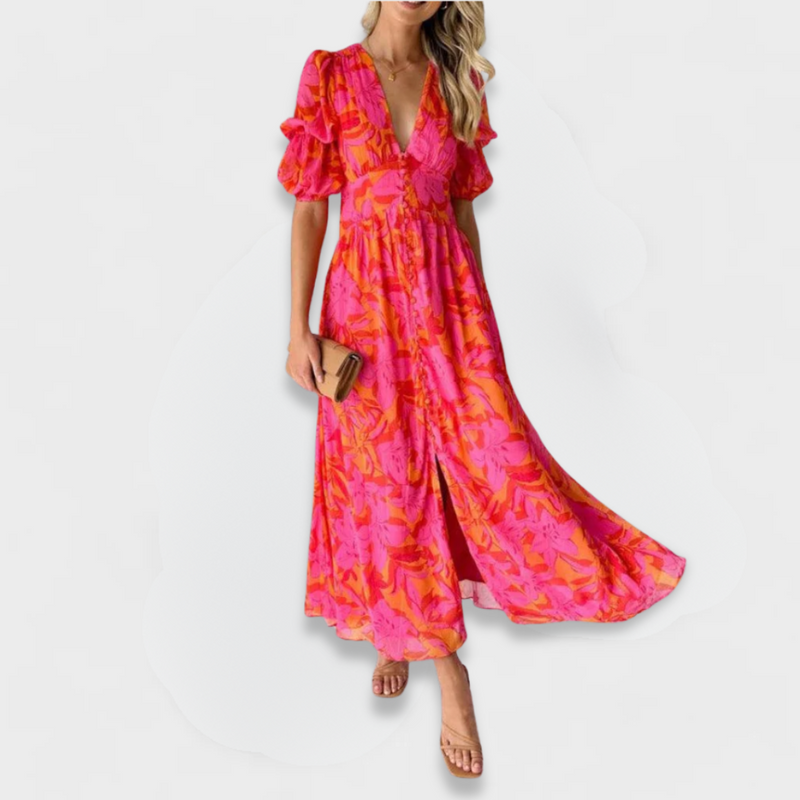 Elegantes Sommerkleid mit V-Ausschnitt und Puffärmeln – Clara