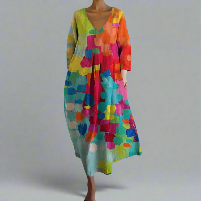 Sommerkleid Damen Farbenfroh Elegant V-Ausschnitt Luftig – Novalina
