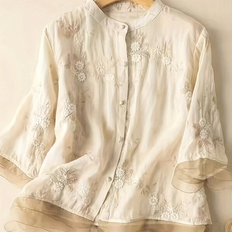 Damen-Bluse mit besticktem Blumenmuster und Knöpfen – Eliza