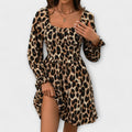 Leopardenkleid Damen Elegant Quadratausschnitt Herbst Winter – Selviana