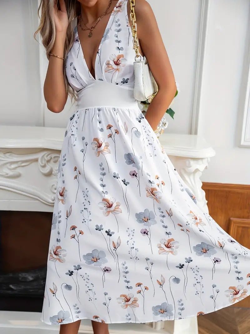 Ärmelloses Midikleid mit Blumendruck und Ausschnitt – Lina