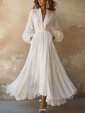 Vintage Maxikleid Damen Weiß V-Ausschnitt Langarm – Alina