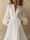 Vintage Maxikleid Damen Weiß V-Ausschnitt Langarm – Alina
