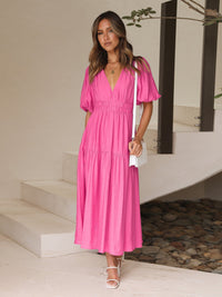 Rüschen Midikleid Elegant V-Ausschnitt Sommer – Maviera