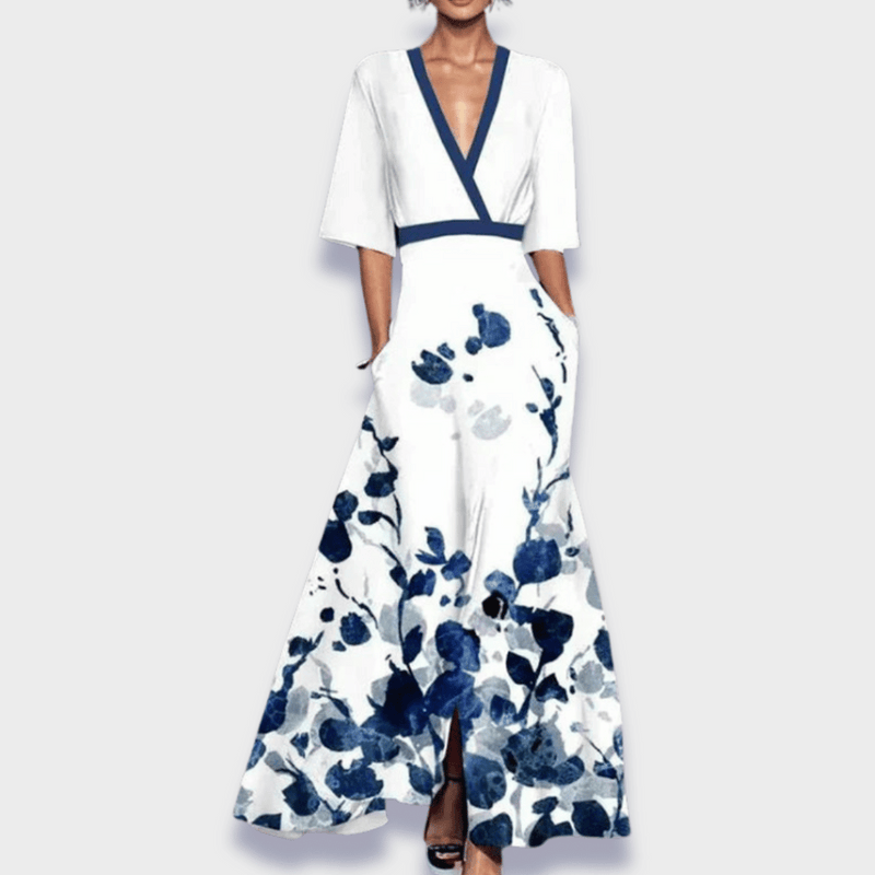 Maxikleid Damen Blumenmuster Elegant Figurbetont Sommer – Alverina