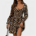 Leopardenkleid Damen Elegant Quadratausschnitt Herbst Winter – Selviana