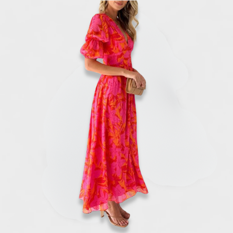 Elegantes Sommerkleid mit V-Ausschnitt und Puffärmeln – Clara