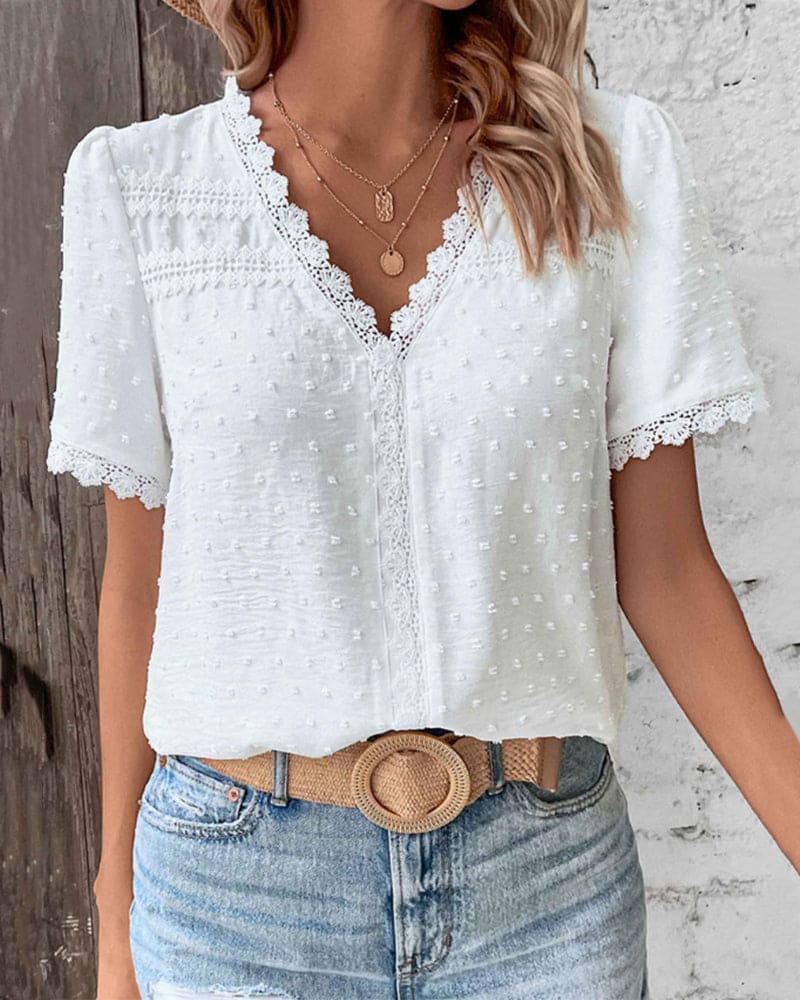 Damen Spitzenbluse Kurzarm Sommer Elegant Locker – Xenobia