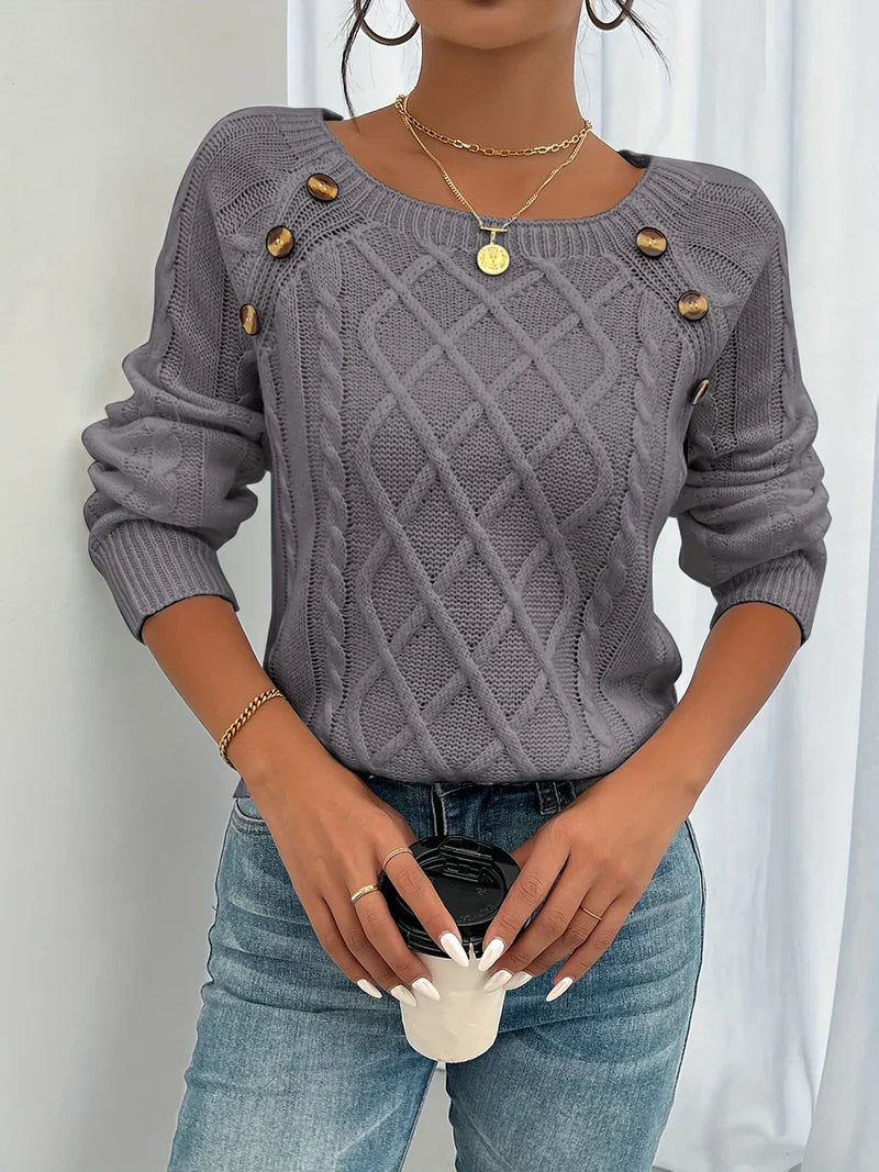 Damen Zopfstrickpullover mit Schulterknöpfen – Evelysa