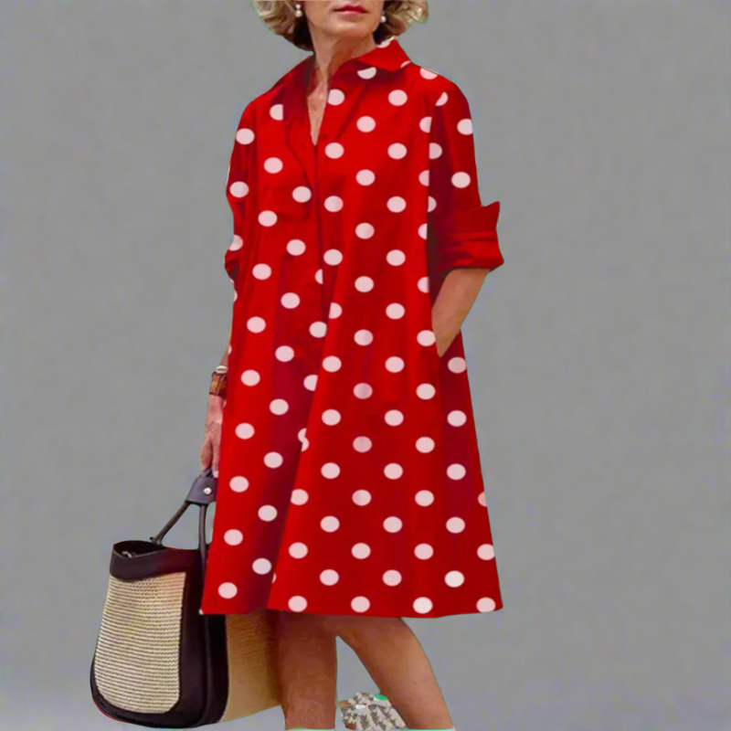 Polka-Dot Midikleid mit Kragen und langen Ärmeln – Elvira