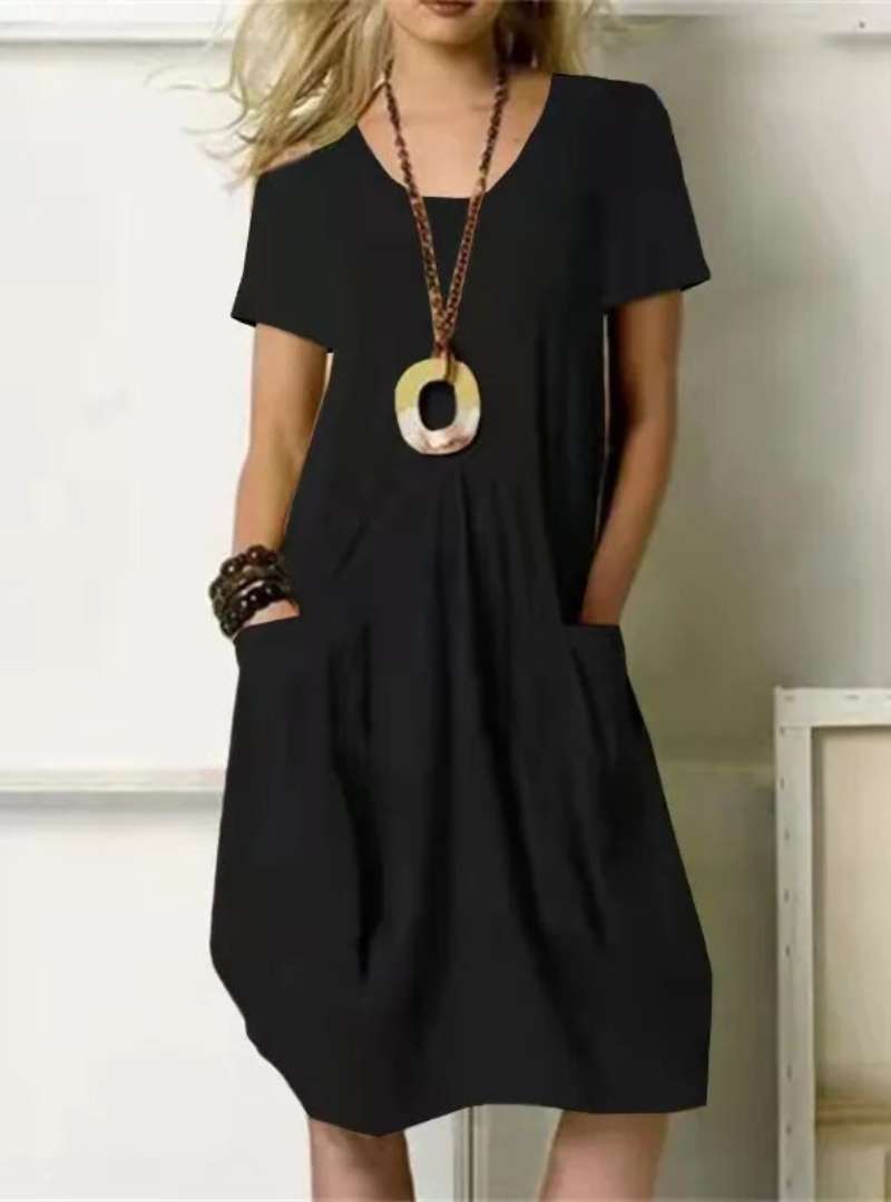 Knielanges Damenkleid mit Taschen und O-Ausschnitt – Selina