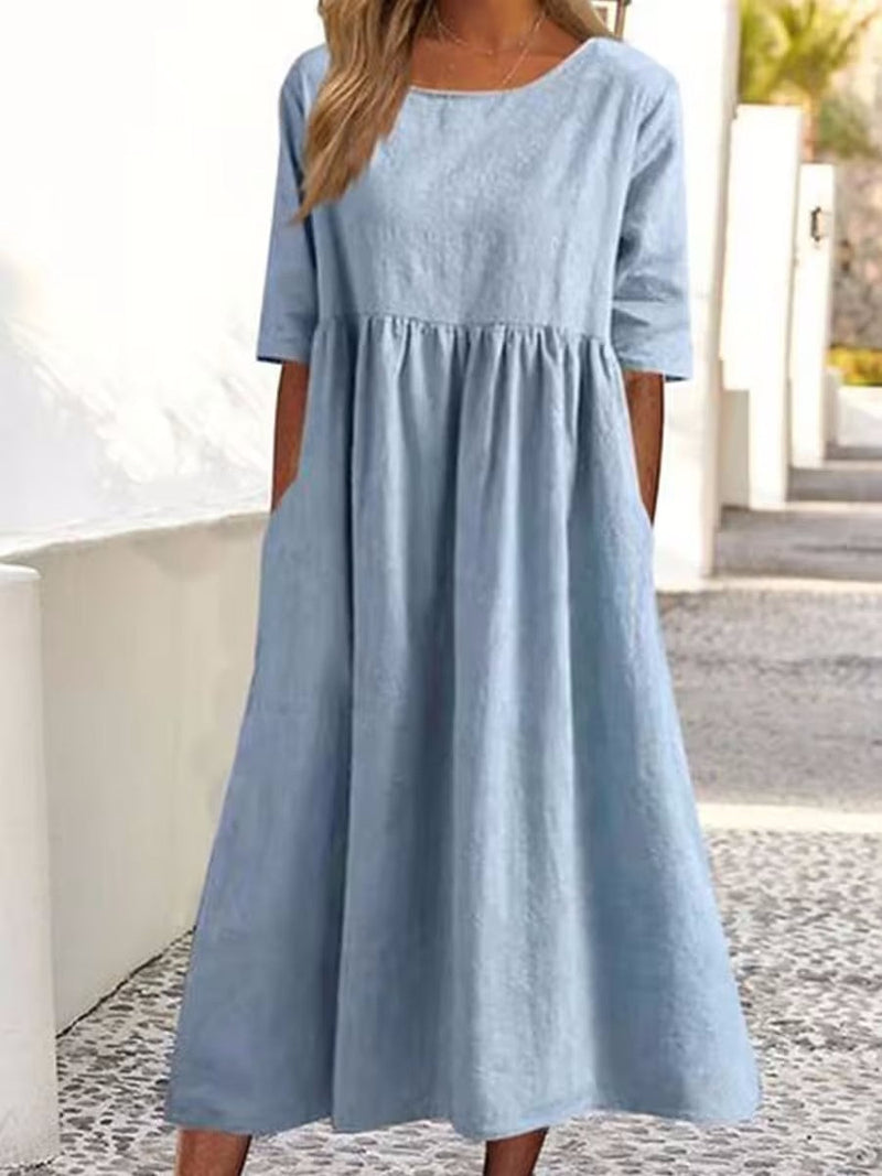 Midikleid Streifen Blau Halbarm Baumwolle Leinen – Elanora