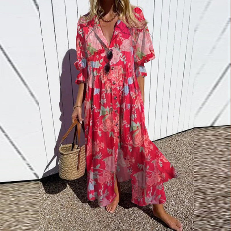 Blumen Maxikleid Damen Sommer elegant halber Ärmel – Emilia